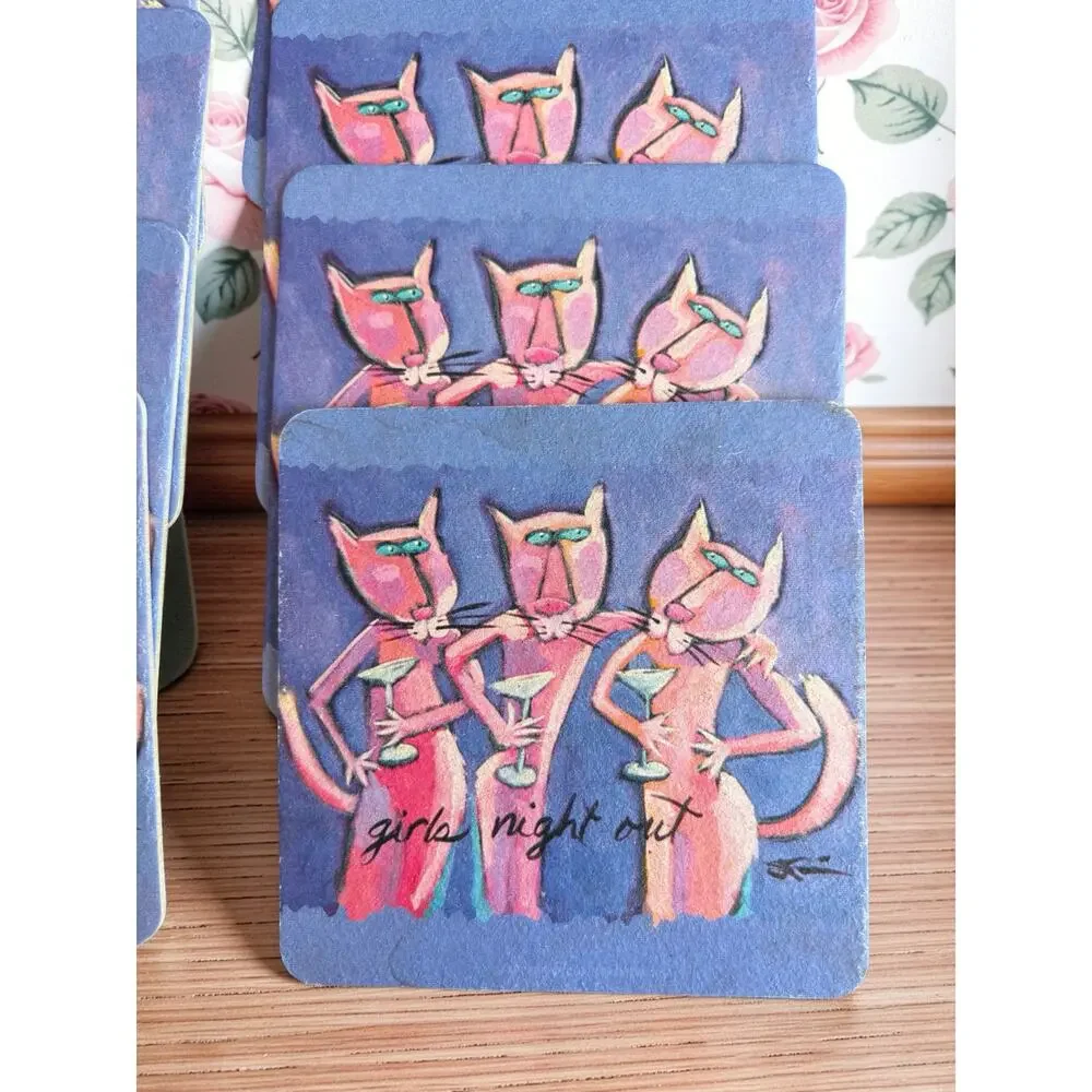 PaperKraft Girls Night Out Cat Coasters Set of 8 Pink Cats Cocktail Bar Decor